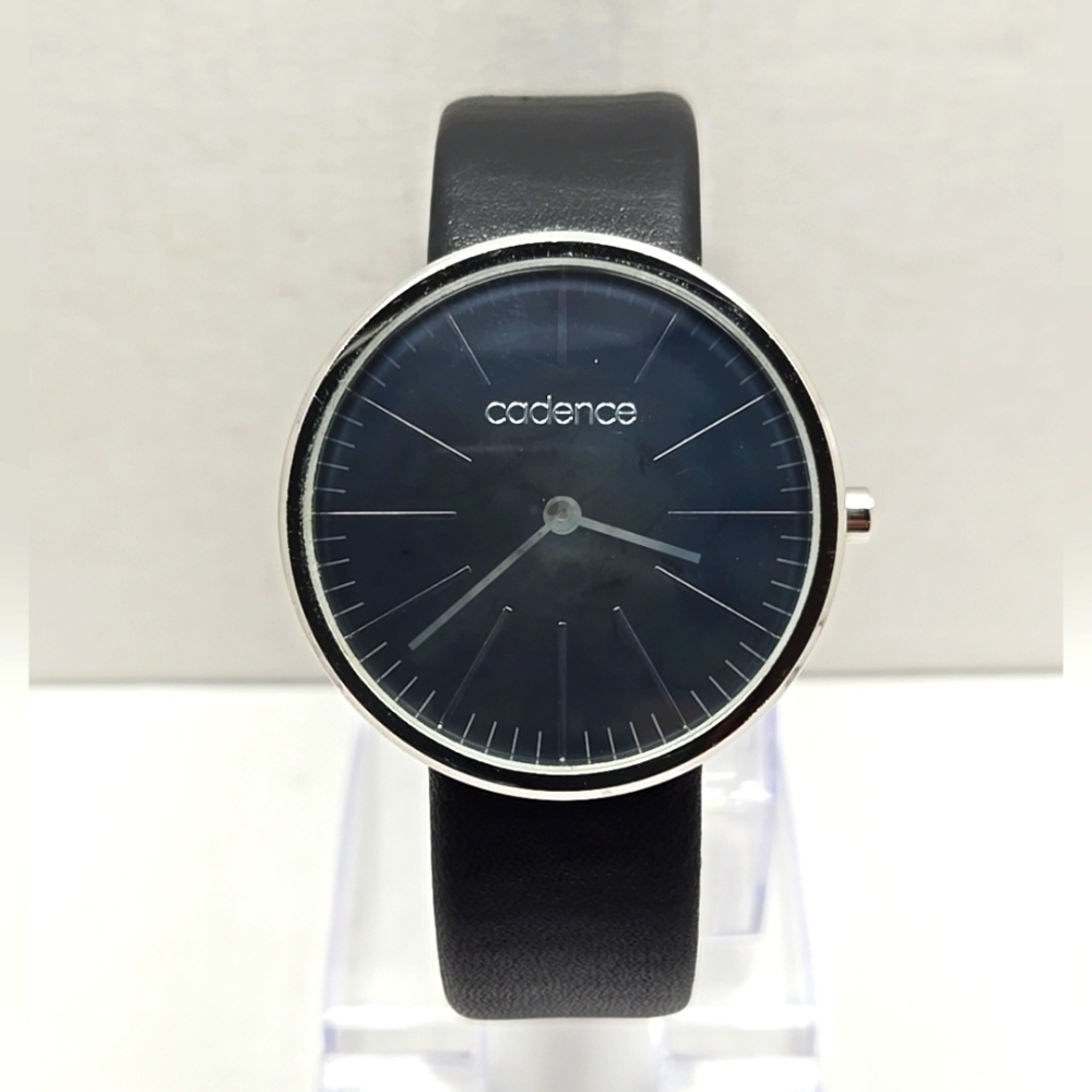Cadence Watch Men 38mm Silver Tone Black Leather Band New Battery